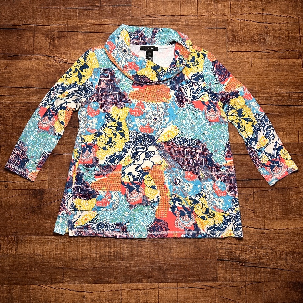Ali Miles Tunic Top Womens L Cowl Neck 3/4 Sleeve Pockets Colorful Boho Stretch